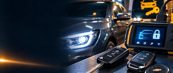 Chaves e controle automotivo sobre superfície escura