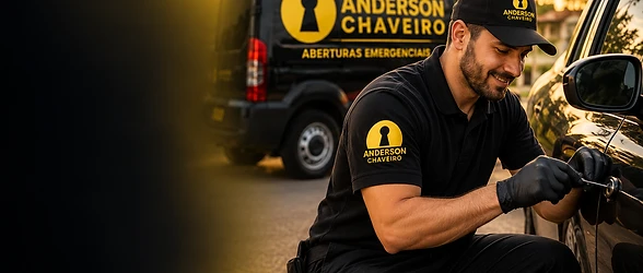 Profissional de chaveiro abrindo porta de carro ao pôr do sol